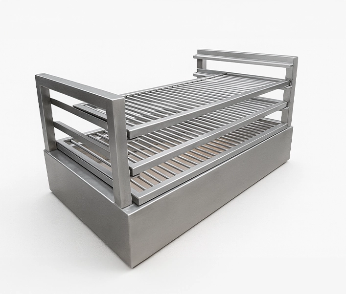 Robata de acero inoxidable de dos niveles vista en plano lateral con base refractaria.